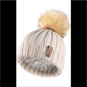 White/Cream Furtalk Knit Beanie Pom Pom Hat